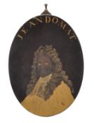 A French lacquered and parcel gilt bronze oval portrait panel, circa 1700, the bust length