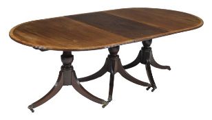 A mahogany and satinwood crossbanded triple pedestal dining table, in Regency style, 19th century,