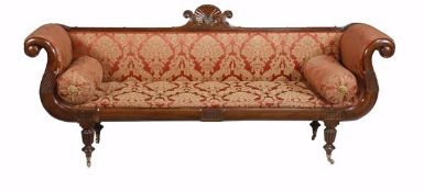 A George IV mahogany sofa, circa 1825, with a rectangular back with a carved mahogany central