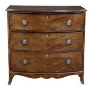 A George III mahogany bowfront chest of drawers, circa 1800, the moulded top above three long