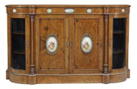 A Victorian walnut, marquetry, gilt and porcelain mounted credenza, circa 1880, with a pair of