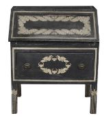An ebonised and painted bureau in the manner of Syrie Maugham, 20th century, the fall opening to
