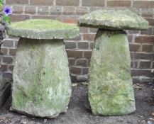 Two limestone staddle stones with caps, probably 18th century, rough hewn overall, 75 and 70cm