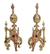 A pair of brass andirons, late 19th century, each with flambeau finial above waisted, knopped and