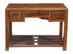 A Chinese elm side table, with four frieze drawers, on square supports above slatted undertier, 82cm