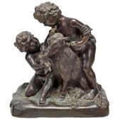 A patinated bronze Bacchic group of two amorini and a goat, in the manner of Clodion, 20th