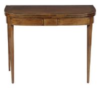 A George III mahogany folding card table, circa 1780, the hinged top opening to a baize inset, the