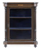 A Victorian ebonised, inlaid and gilt metal mounted vitrine, circa 1870, the top with outswept front