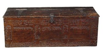 An Italian cedar cassone, circa 1700, decorated with blind fretwork throughout,  the lid with iron