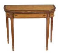 A George III satinwood and rosewood crossbanded folding card table, circa 1790, of semi elliptical