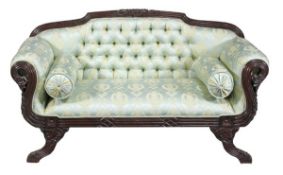 A stained mahogany framed and damask upholstered settee in Regency style, 20th century, with a