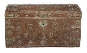 A Dutch leather and brass studded chest, 18th century, the hinged dome top with studded decoration