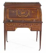 A Victorian figured mahogany and marquetry cylinder bureau by Edwards & Roberts, circa 1880, with