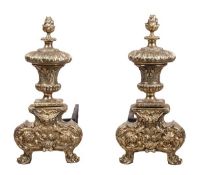 A pair of polished brass and wrought iron mounted fire dogs in Louis XIV taste, late 19th century,