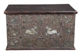 A Burmese stained hardwood, metal, parcel gilt and coloured glass inset coffer, 20th century, 66cm