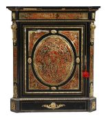 A Victorian ebonised, gilt metal mounted and brass marquetry cabinet, circa 1870, with shaped top