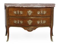 A French kingwood, tulipwood and gilt metal mounted serpentine commode, circa 1770 and later, marble