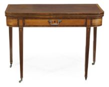A George III mahogany and satinwood crossbanded tea table, circa 1790, he hinged lid opening to a