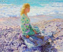 Yuri Krotov (b. 1964), Young lady at the seaside, Oil on canvas, Signed lower right, Inscribed on