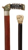 A late Victorian or Edwardian mother-of-pearl inset hardstone mounted malacca walking stick, circa 1