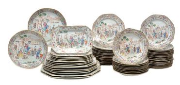 A composite Chinese export famille rose dinner service, each piece painted with figures on a river b