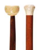 A Victorian ivory mounted malacca walking stick, late 19th century, with knob grip and horn
