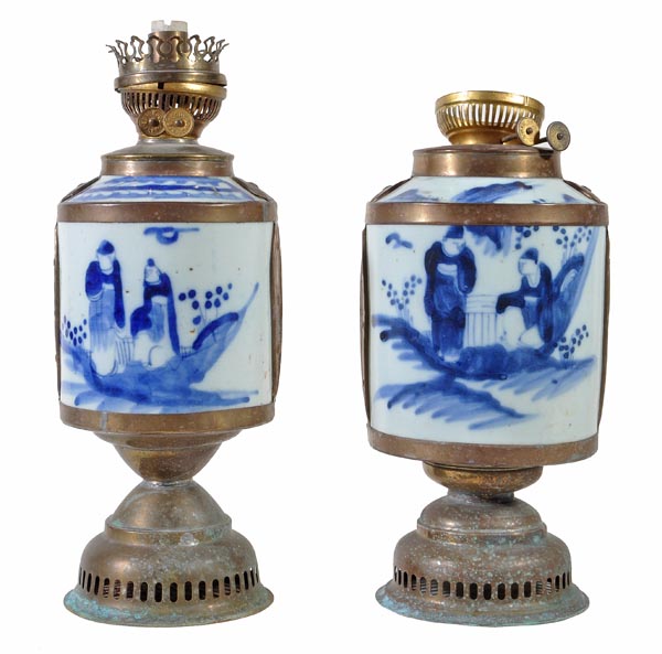 A Pair of Lamps formed of fragments of Chinese blue-and-white porcelain mounted within a gilt