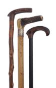 A Victorian antler and silver plated metal mounted malacca walking stick, late 19th century, the