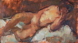 ARR - Martin Yeoman (b. 1953), Reclining nude, Oil on canvas, Signed lower right, 46 x 80cm (18 x