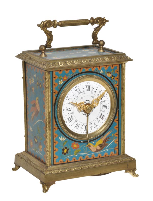 A French simulated cloisonne enamel mantel timepiece with alarm, late 19th century, the eight-day