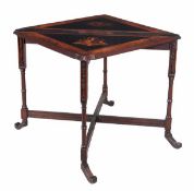 A walnut, ebonised and marquetry decorated dropleaf table, circa 1870, the slender rectangular top