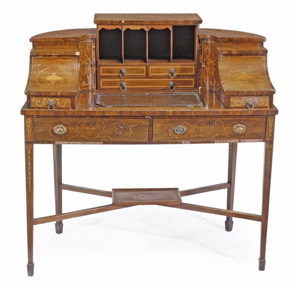 A mahogany, marquetry and goncalo alves crossbanded Carlton House desk, in George III style, circa