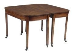 A pair of George III mahogany side tables, circa 1780, each of D shape, plain frieze on square