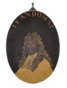 A French lacquered and parcel gilt bronze oval portrait panel, circa 1700, the bust length portrait