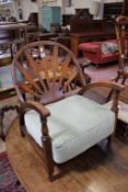 An Edwardian side chair, 1930`s low easy chair and a small Victorian needlepoint covered foot stool