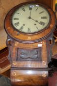 An American inlaid walnut drop dial wall clock, late 19th century, the bell striking movement with