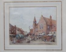 F Hutchinson (fl. 1890s) Market day in town square Watercolour, over pencil Signed and dated 1894