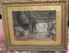 Manner of George Morland Interior of a crofters cottage Watercolour 46 x 61cm