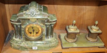 A French brass mounted green onyx mantle clock, late 19th century, with eight-day gong striking