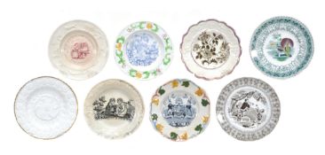 Eleven assorted British pottery printed children`s plates, second quarter 19th century, including;