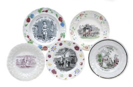 Eleven various British pottery printed children`s plates, second quarter 19th century, including