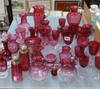 A mixed selection of cranberry glass items and two Mary Gregory style tumblers etc. Best Bid