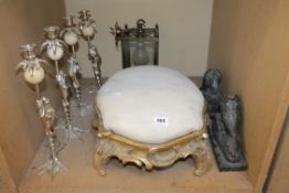 A Victorian giltwood stool, a small hanging lantern, four candlesticks modelled as frogs and a pair