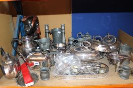 A quantity of assorted silver plate and pewter, a carved hardwood tribal head and small quantity of