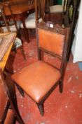 Four oak Edwardian aesthetic dining chairs and another set of four similar.