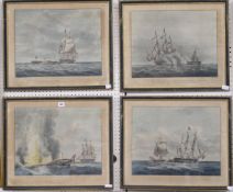 After Robert Havell Snr. A set of four prints showing engagements between HM Frigate ""Java"" and