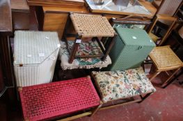 A mixed lot to include an oak folding table, mirrors, standard lamp, footstool, trolley, rope seat