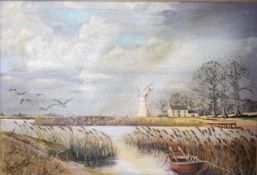 Ray Smith (20th Century School) River scene with flying geese and a windmill in the background Oil