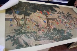 20th Century Chinese School Children playing Polychrome print laid onto paper (unframed) 78cm x