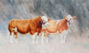 Paul Guest (20th century) - 150th Anniversary Royal Show 1839-1989, a double portrait of Simmental